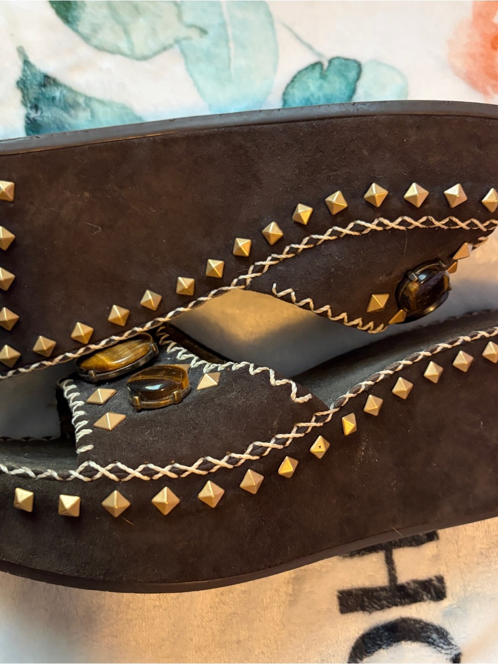 BCBGMAXAZRIA brown suede platform sandals with gold studs and stones